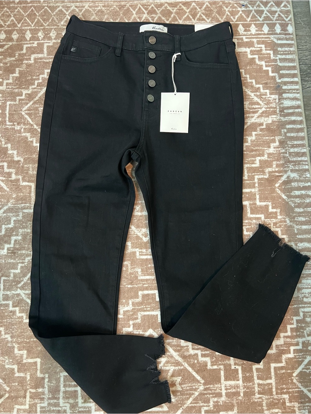 KanCan Black Skinny Button-Fly Jeans with Frayed Hem